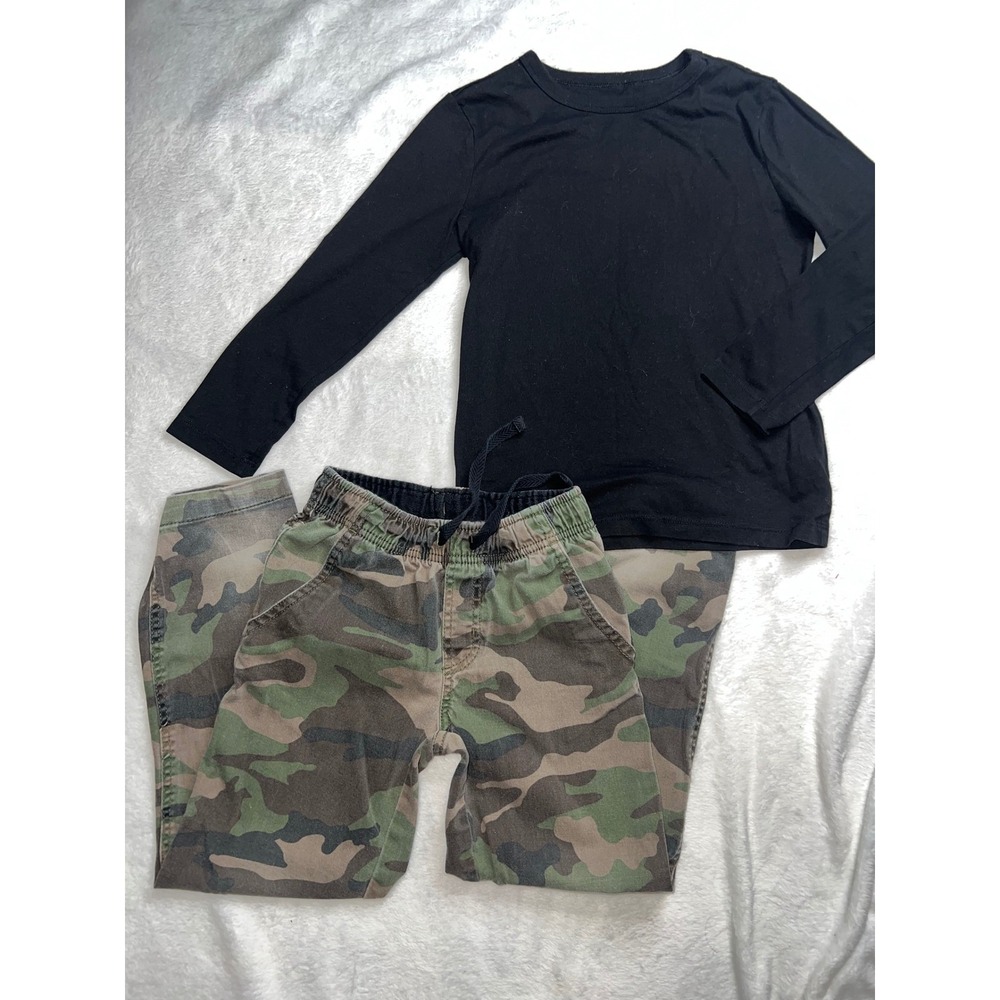 Wonder Nation Boys Size 6-7 Black Long Sleeve Tee and Camo Jogger Pants Set